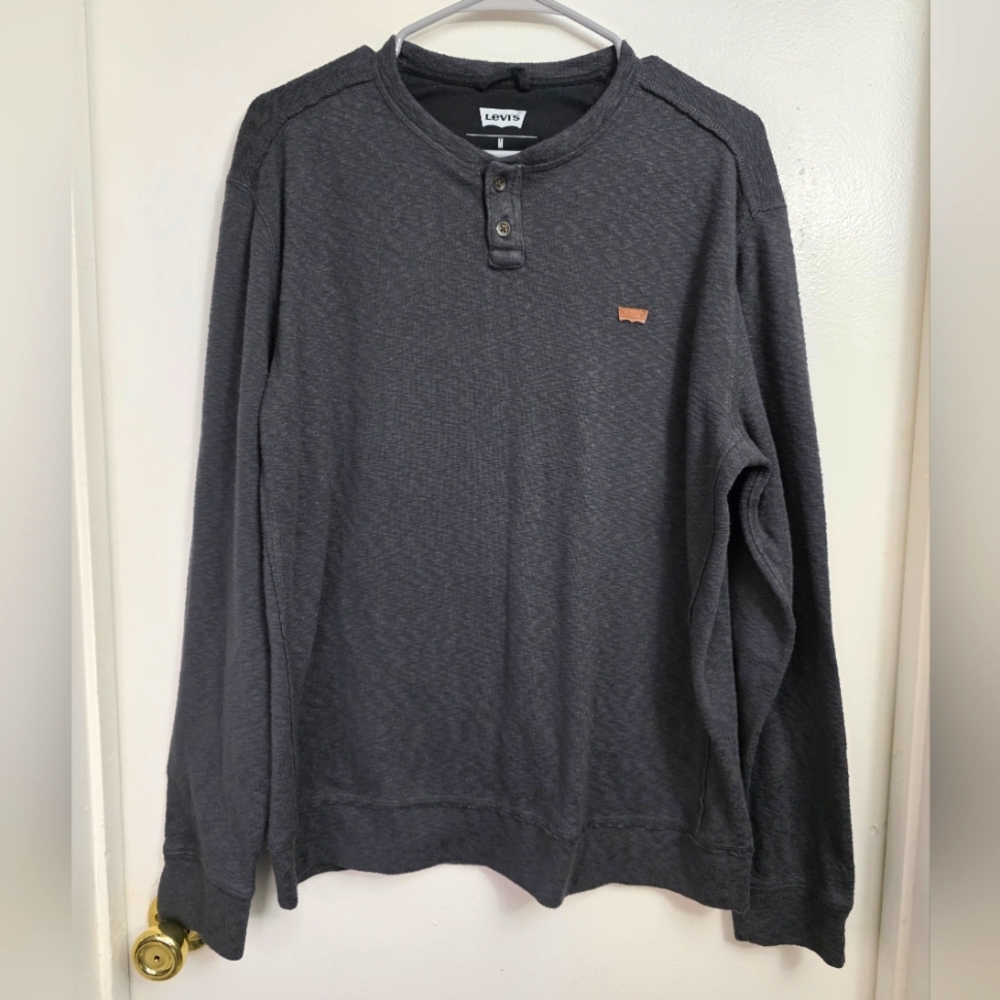 Levi's Strauss & Co. Mens Logo Henley Sweater Reversed Stitch Fleece Line Gray